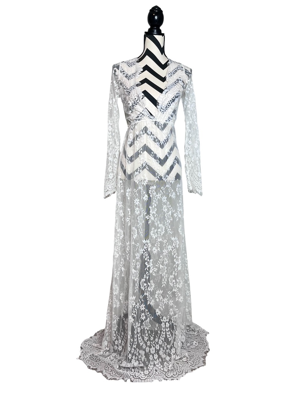 Fairycore Boho Whimsigoth Ethereal Sheer Lace Long-Sleeve Maxi Dress Sz XS